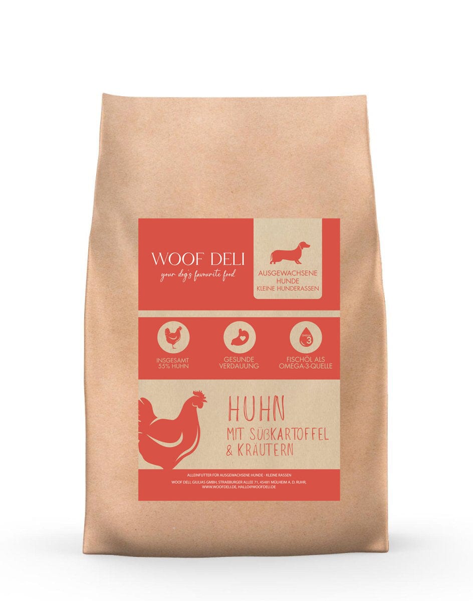 Huhn mit Süßkartoffel & Kräuter - Trockennahrung Mini WOOF DELI 