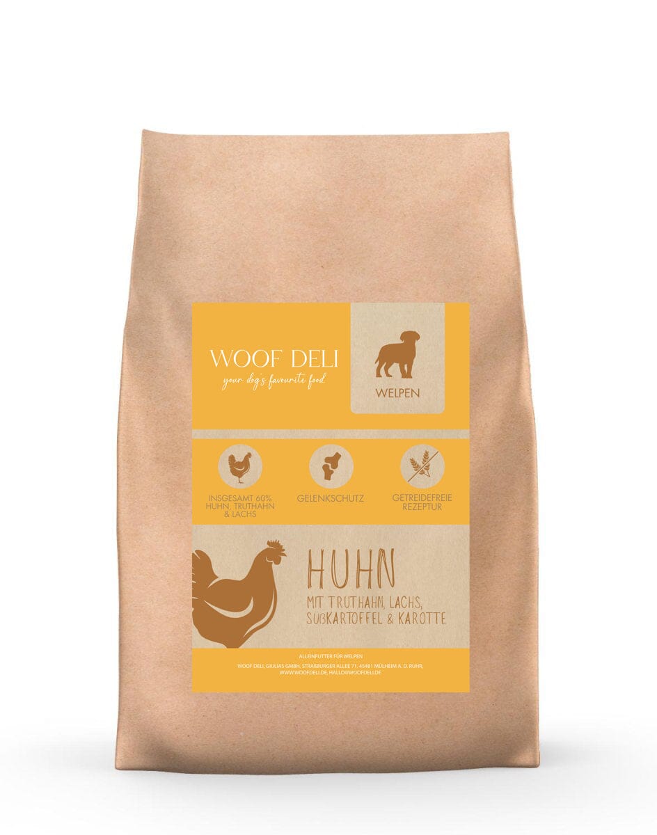 Huhn mit Truthahn, Lachs, Süßkartoffel & Karotte - Trockennahrung Welpe WOOF DELI 