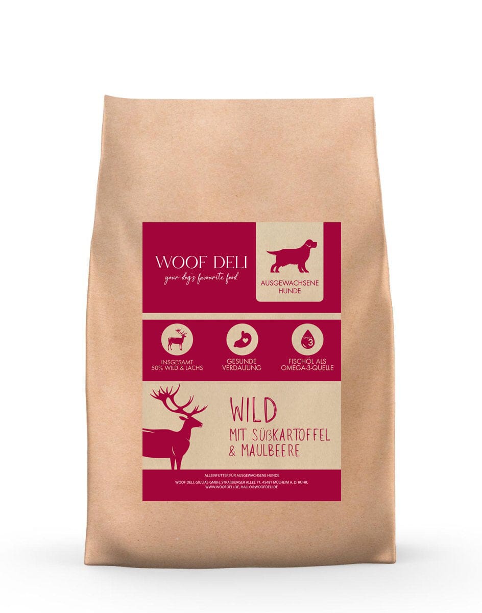 Wild & Lachs mit Süßkartoffel & Kräuter - Trockennahrung Sensitive WOOF DELI 